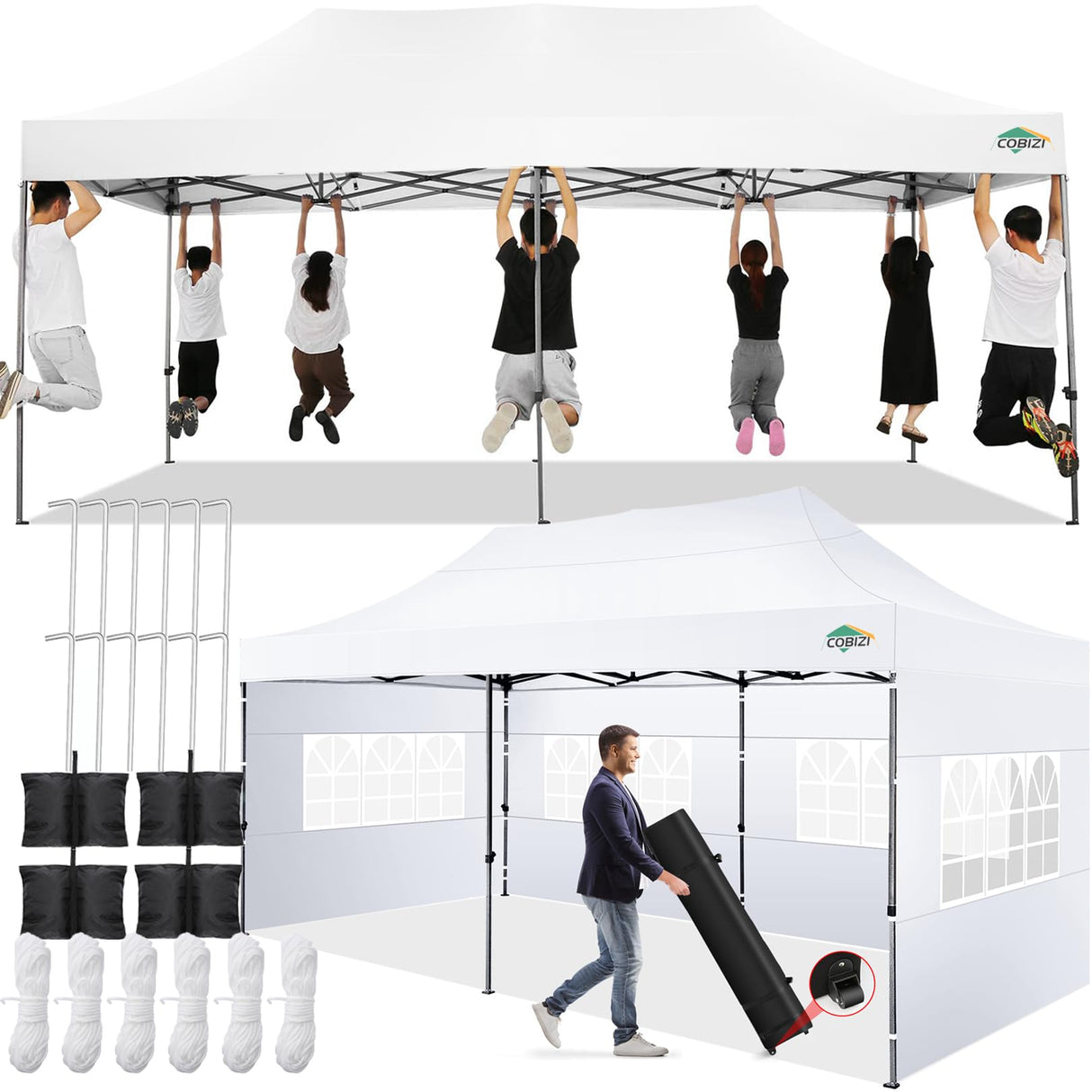 COBIZI 10x20 Pop up Canopy Tent 10x20 Canopy with 6 Sidewalls Waterproof Heavy Duty Commercial Canopy Tent for Parties Outdoor Tent Garden Gazebo Tent, Carry Bag with Wheel(10x20ft, White) COBIZI