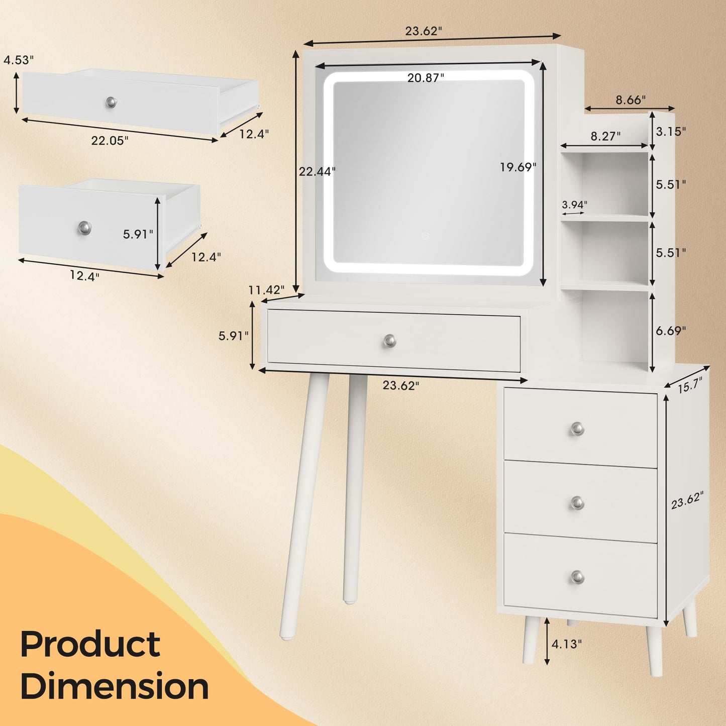 RoyalCraft White Vanity Desk with LED Sliding Lighted Mirror, 3 Lighting Colors Touch Control Makeup Table with Drawers & Cabinet for Bedroom