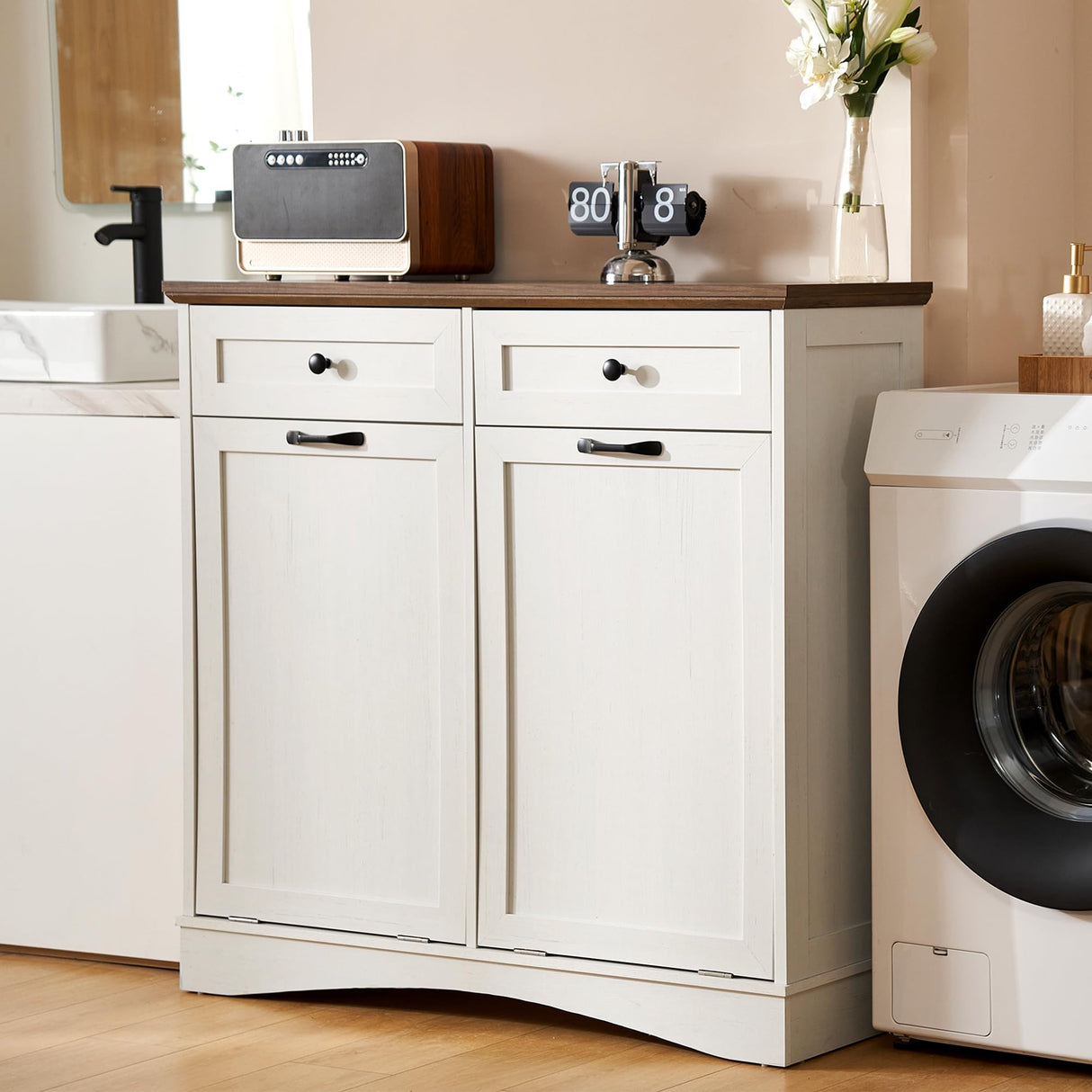 Spurgehom Double Tilt Out Trash Cabinet 13 Gallon Kitchen Waste Bins, Laundry Hamper Tilt Out Pet Proof Hidden Trash Bin for Kitchen, Antique White Spurgehom