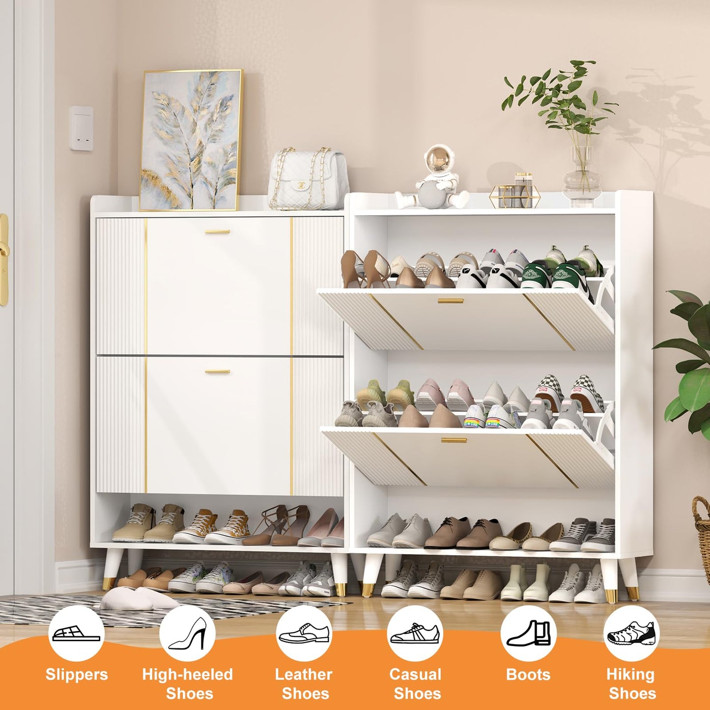 Wakefit Shoe Storage Cabinet for Entryway Slim, Shoe Organizer Cabinet with Doors, 2 Flip Drawer Shoe Cabinet Hidden, Ultra Thin Shoe Cabinet Wood （White-WhiteBullion） - WoodArtSupply