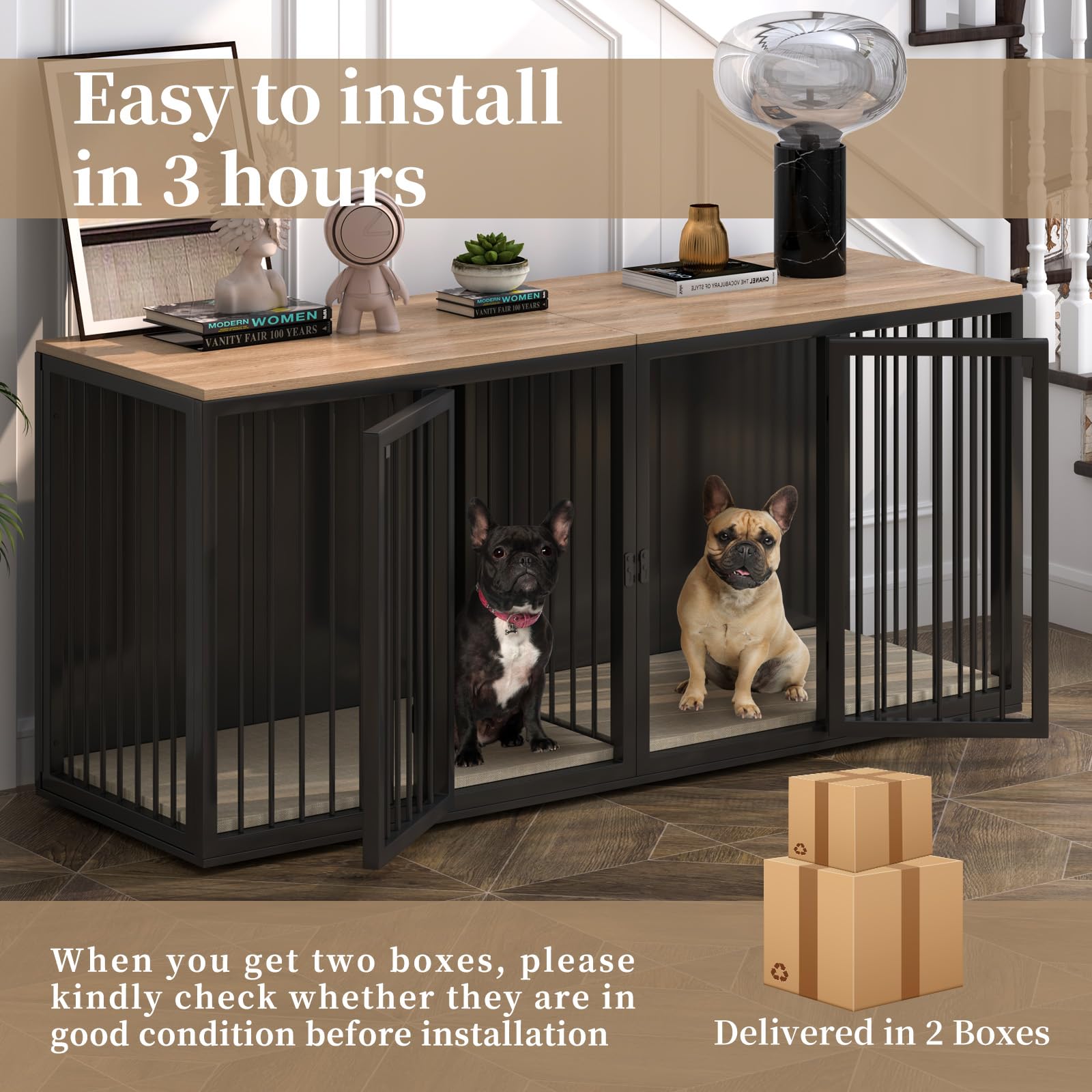 Large Dog Crate Furniture for 2 Dogs, 71.6'' Steel Frame Dog Crate with Double Doors, Heavy Sturdy Dog Kennel for Small Medium Large Dog, Indoor Double Dog Cage (Black) - WoodArtSupply