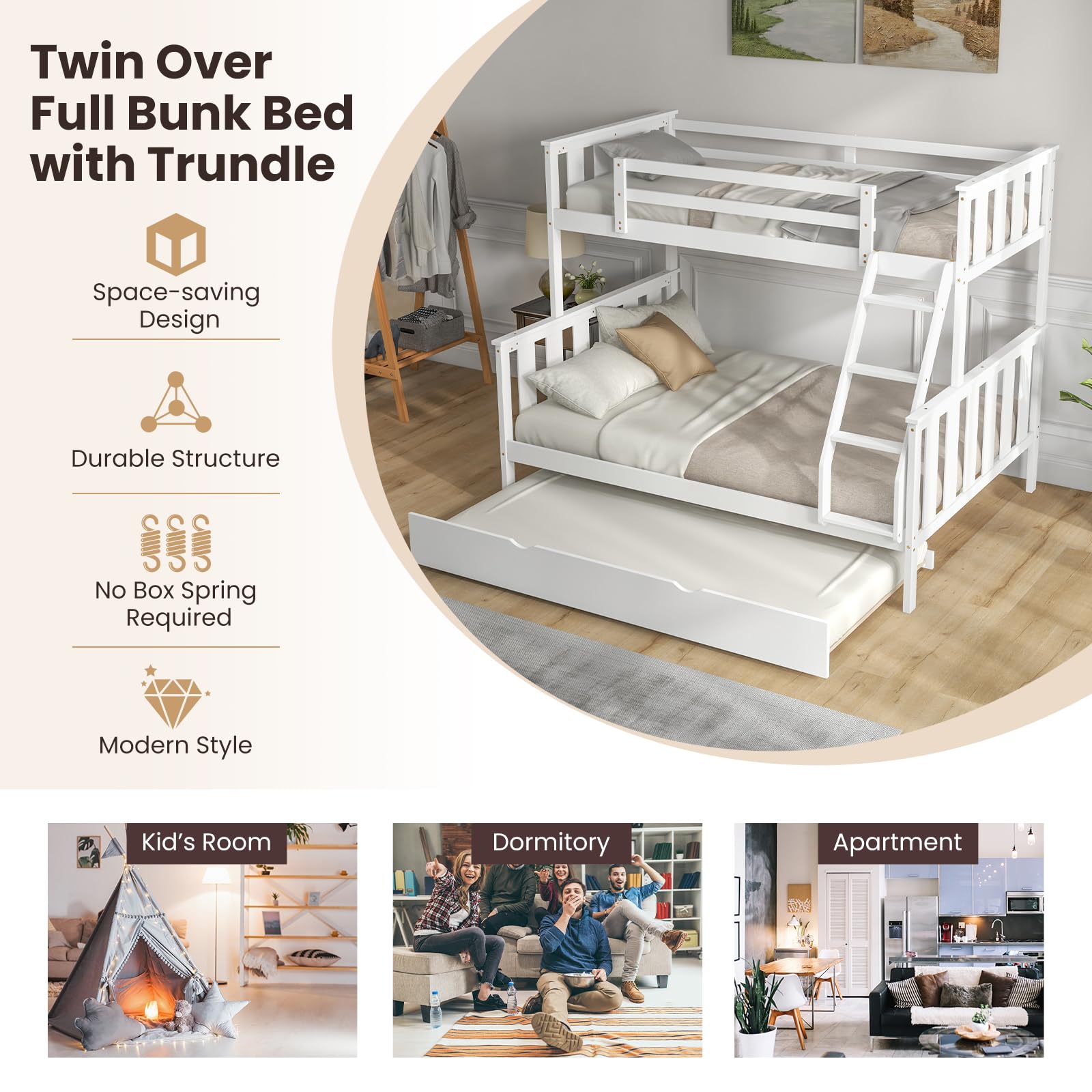 Giantex 3-in-1 Convertible Twin Over Full Bunk Bed with Trundle - Solid Wood, Reversible Ladder & Safety Guardrails - White - WoodArtSupply