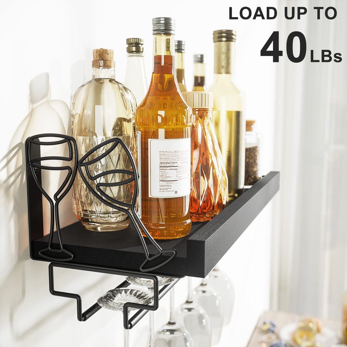 Love-KANKEI Wine Rack with Stemware Hanger, 17inch Wine Glass Rack, Floating Shelf Wall Mounted, Wood Wall Shelf for Kitchen, Dinning Room, Home Bar, Living Room etc, Pitch Black Love-KANKEI