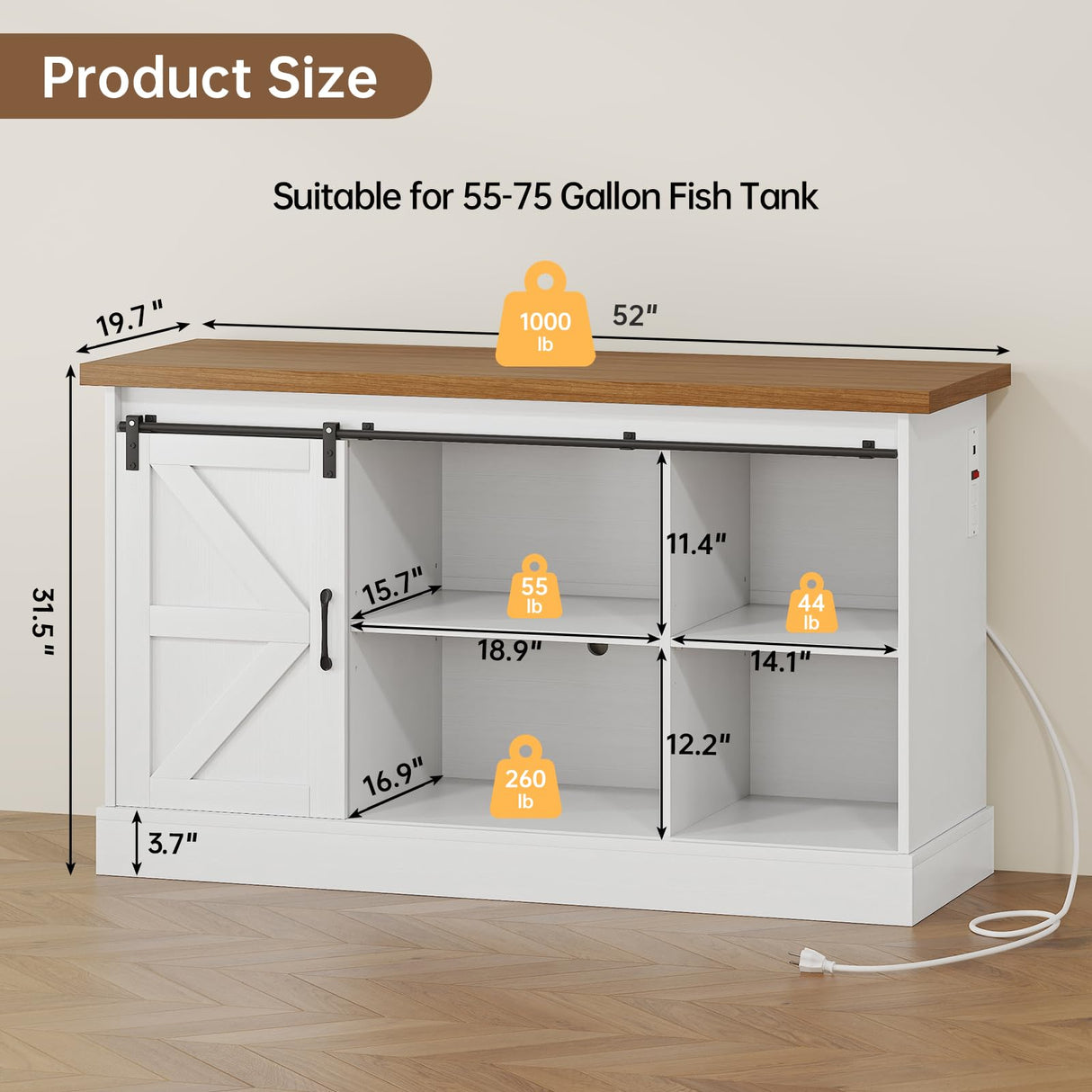 OtterOasis 55-75 Gallon Fish Tank Stand with Sliding Barn Doors & Power Outlet, Heavy Duty Aquarium Stand with Cabinet Storage for Fish Tank, Turtle Tank, Reptile Terrarium, 1000LBS Capacity, White OtterOasis
