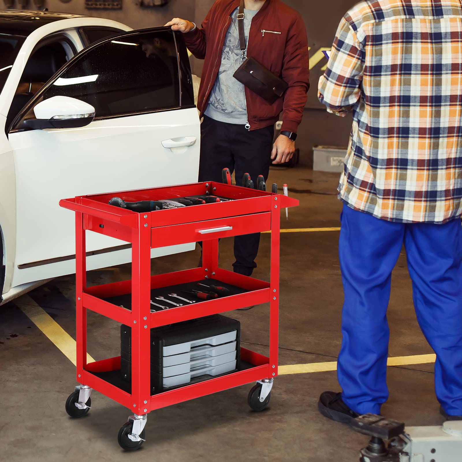 TUFFIOM 3 Tier Rolling Tool Cart, 330 LBS Capacity Industrial Service Cart, Heavy Duty Steel Utility Cart, Tool Organizer with Drawer, Perfect for Garage, Warehouse & Repair Shop (Red) - WoodArtSupply