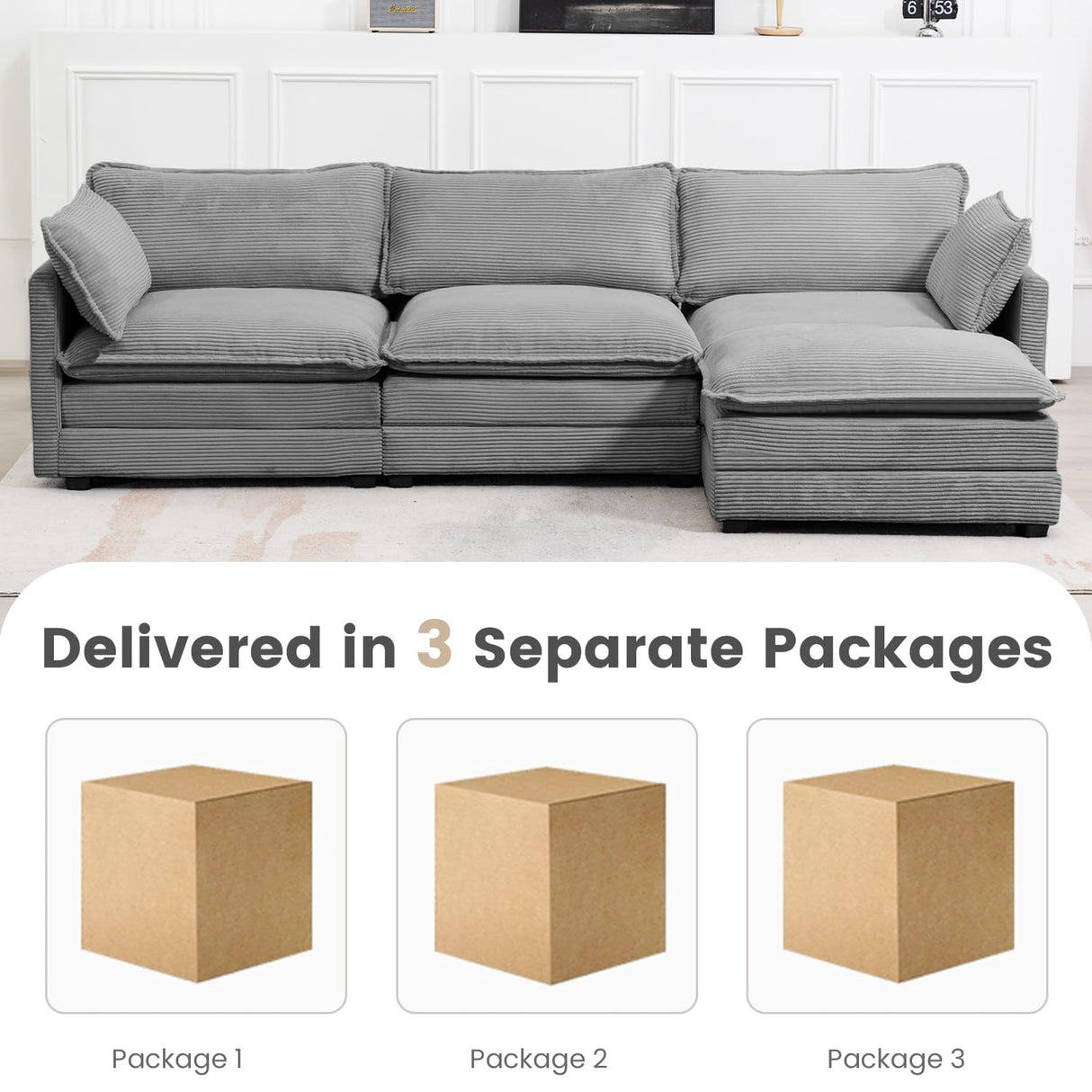 ROWHY Oversized Modular Sectional Sofa with Movable Ottoman, 112 Inch 4 Seat Modern Corduroy Sofa Set, Convertible L Shaped Couch for Living Room and Office, Dark Grey ROWHY