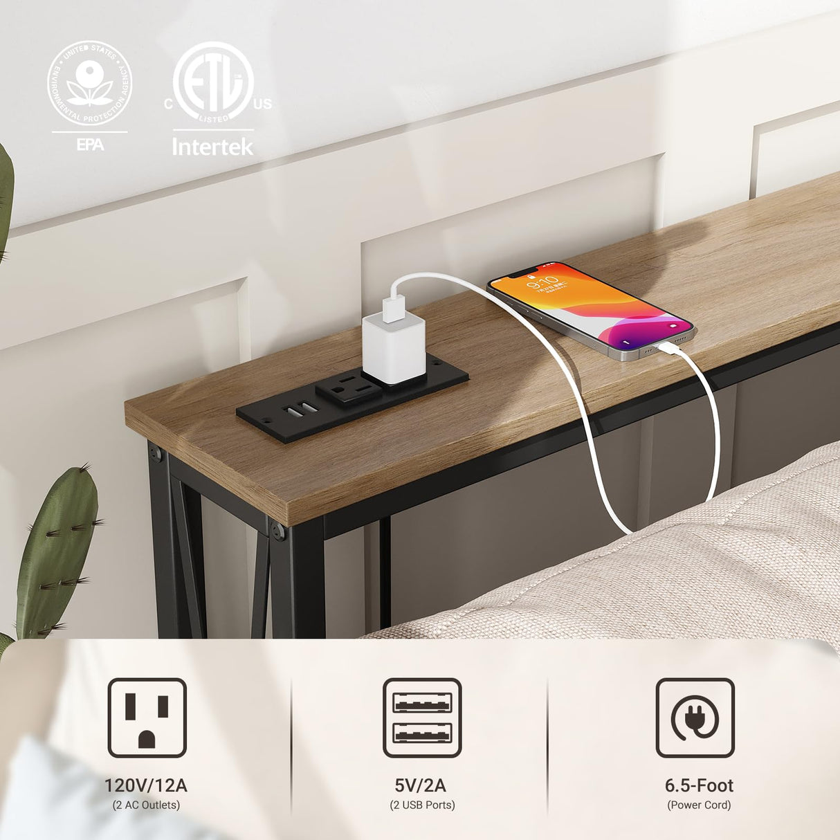 ELYKEN 5.9" Narrow Console Sofa Table with Power Outlets, 5.9" Dx63 Wx31.5 H Long Skinny Behind Couch Table with “X” Cross Metal Frame and Charge Station with 6.5’ Extension Cord, White Oak ELYKEN