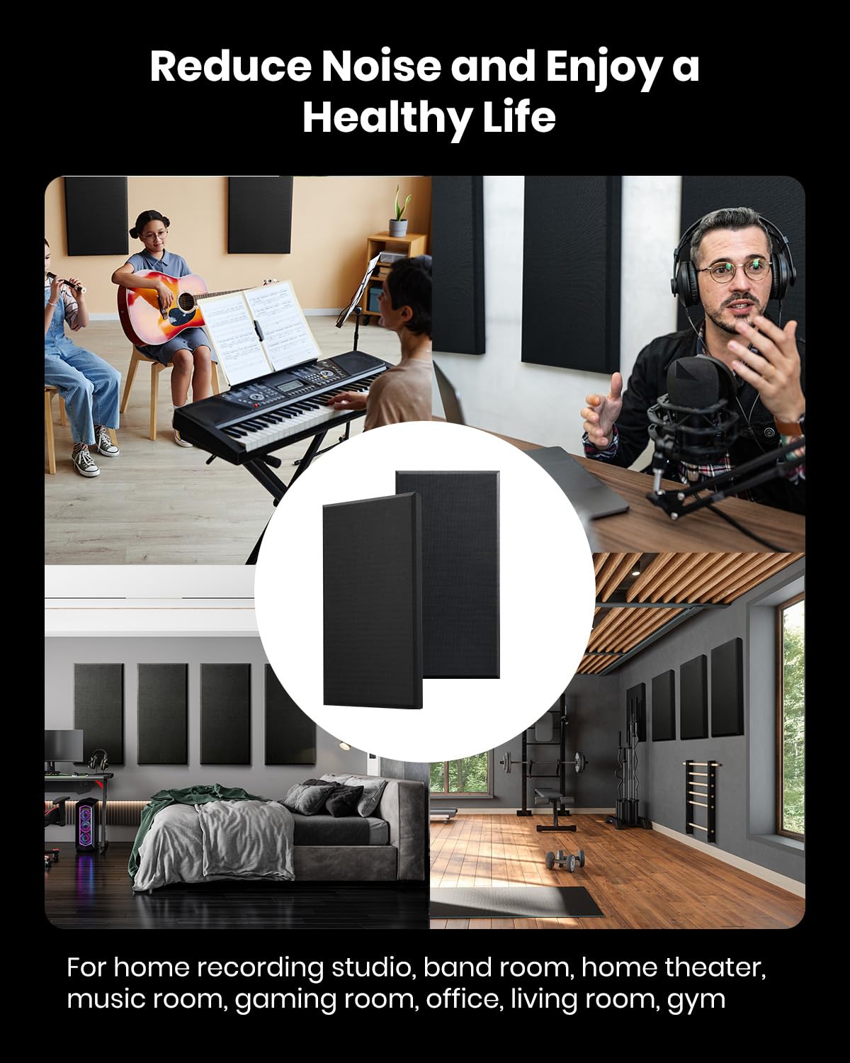 Moukey Acoustic Panels 4 PCS, 2.4“ Thick Fiberglass Soundproof Wall Panels 24''x12'', Self-adhesive Sound Absorbing Panels for Studios, Office, Home Theater (Black) Moukey