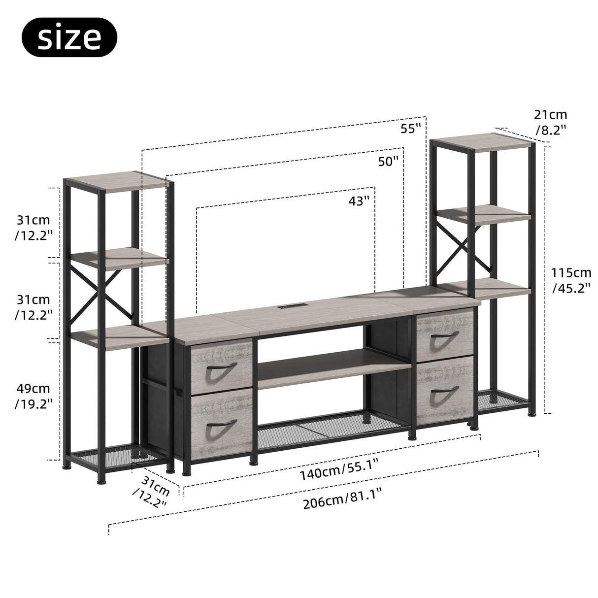 Yenlure LED TV Stand 60 Inch for Living Room with Charging Station, Entertainment Center with 2 Industrial Bookshelves, Modern Console Cabinet with Storage Drawers (Greige) Yenlure
