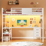 BTHFST Full Size Loft Bed with L-Shaped Desk and 3 Storage Drawers, LED Lights & Charging Station, Open Storage Shlef, Metal Loft Bed Frame with Solid Slats and Guardrail, Space Saving, White BTHFST