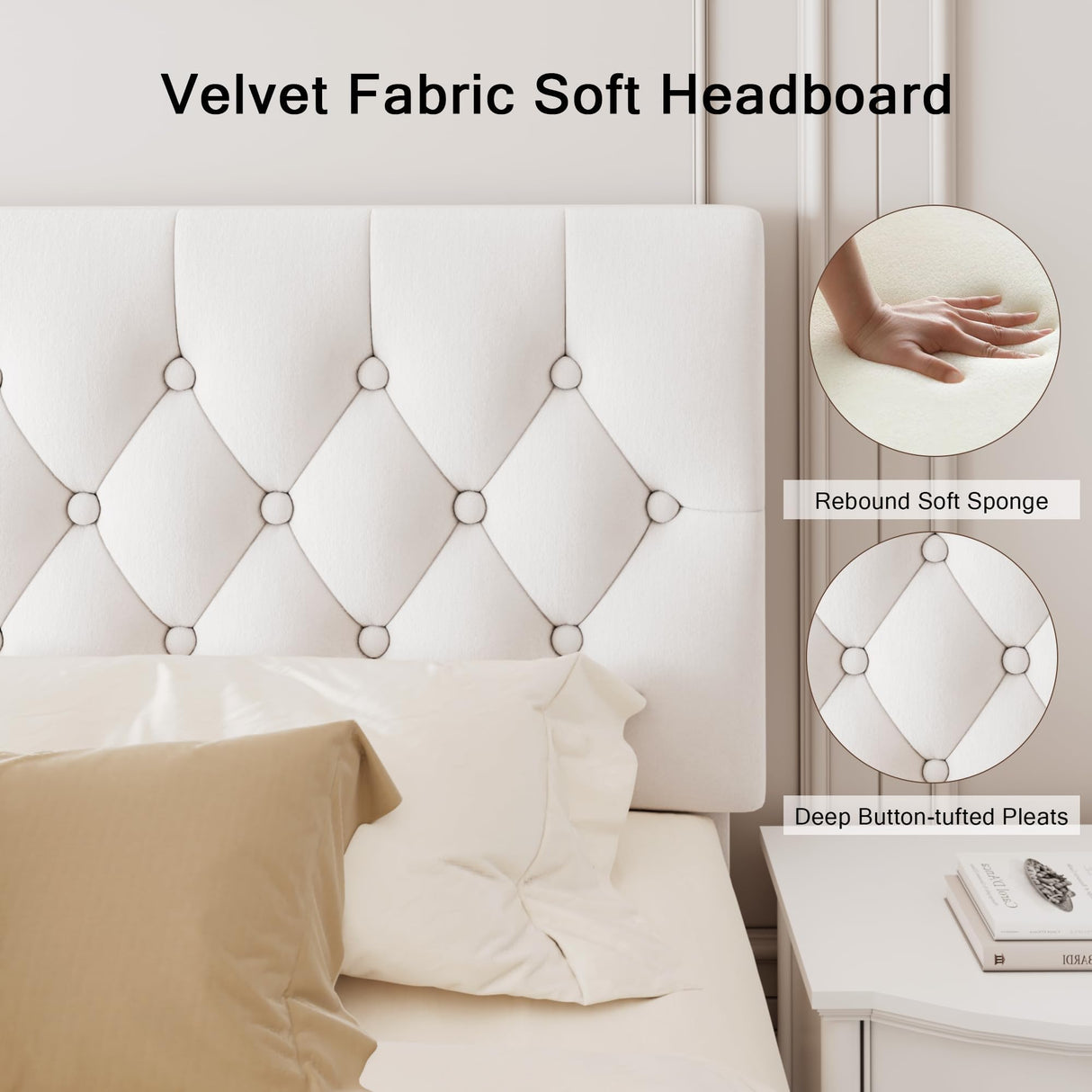 Einhomn King Upholstered Bed Frame with Headboard, Button Tufted Linen Bed Base, Platform Bed with Wood Slat, Heavy Duty, Easy Assembly, No Box Spring Needed, White Einhomn