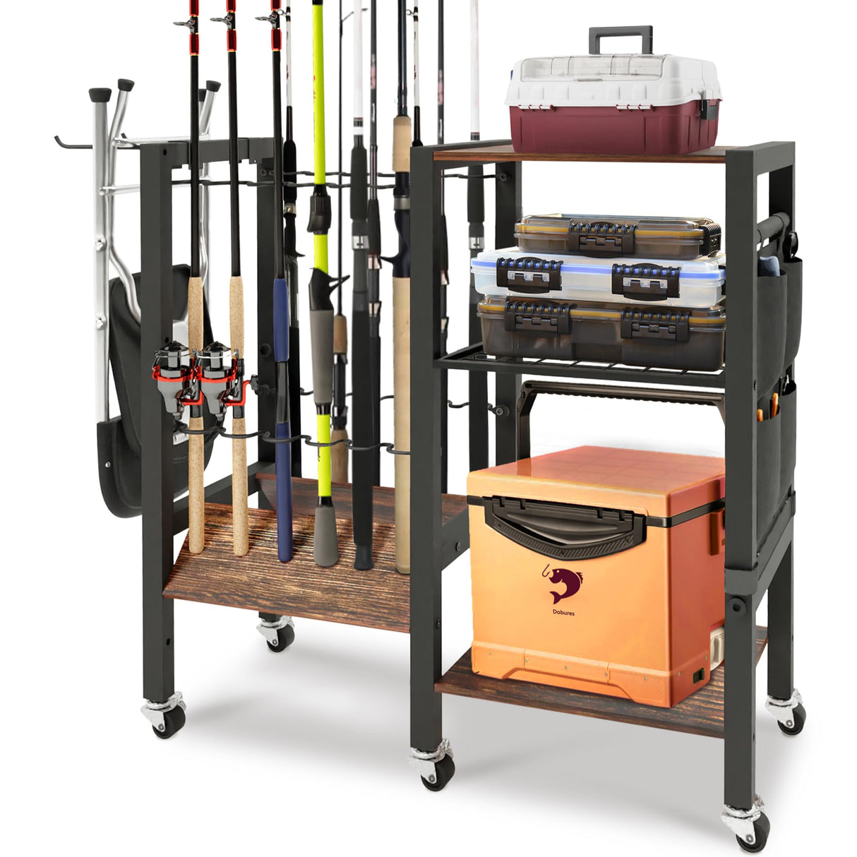 Dobures Fishing Rod Holder, 3-Tier Fishing Pole Rack, Fishing Equipment Organizer Tackle Storage Cart for Garage Organization, Holds up to 12 rods Dobures