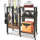 Dobures Fishing Rod Holder, 3-Tier Fishing Pole Rack, Fishing Equipment Organizer Tackle Storage Cart for Garage Organization, Holds up to 12 rods Dobures