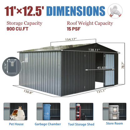 Okak 11 X 12.5 Ft Metal Outdoor Storage Shed with Lockable Doors Galvanized Metal Garden Shed with Windows Garden Shed Tool Storage Sheds House for Backyard Garden,Patio,Dark Grey - WoodArtSupply