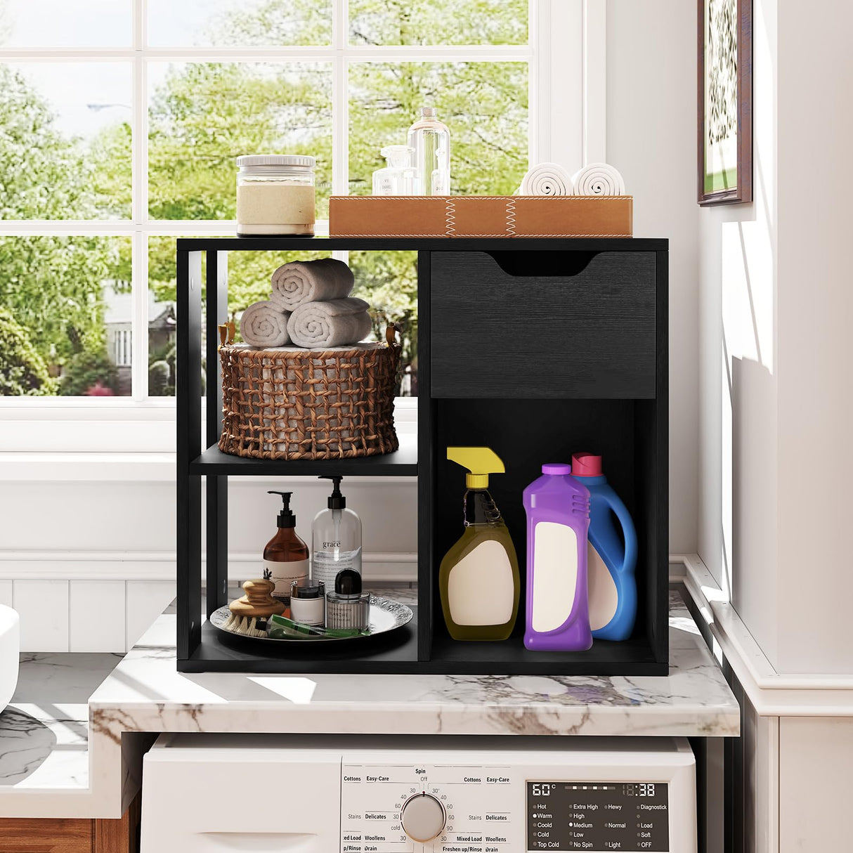 Giantex 3 Cube Bookcase with Drawer, 2 Tier Bookshelf for Small Spaces, Modern Freestanding Display Rack with Open Shelves, Book Case, Wood Cube Storage Organizer Bedroom Living Room, Black Giantex