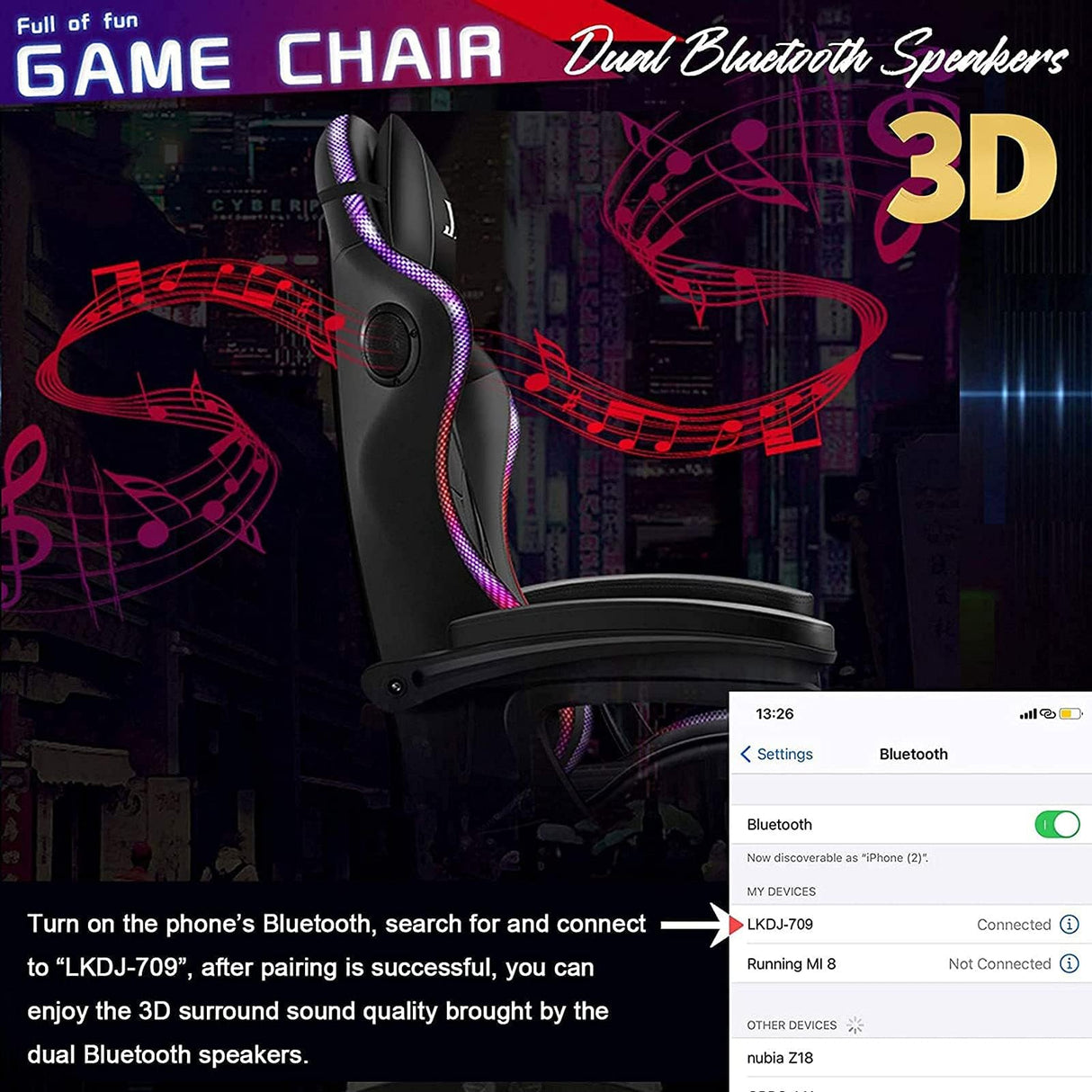 TBQATNTS 7-Point Massage Gaming Chair with Speakers and LED Lights, Ergonomic Computer Gaming Chair with Footrest and Lumbar Support,High Back Office Video Racing Adult Gaming Chair,Black,Normal TBQATNTS