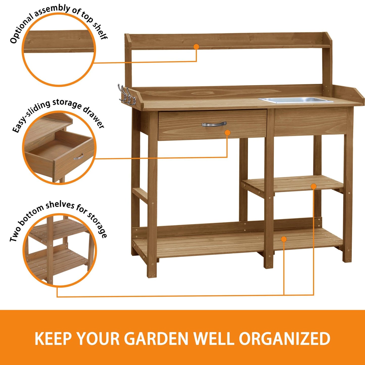 Yardenaler Outdoor Wood Potting Bench, Garden Horticulture Workstation with Removable Stainless Sink, Shelves, Drawers & Hooks, Natural Wood - WoodArtSupply