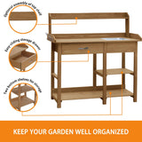 Yardenaler Outdoor Wood Potting Bench, Garden Horticulture Workstation with Removable Stainless Sink, Shelves, Drawers & Hooks, Natural Wood Yardenaler