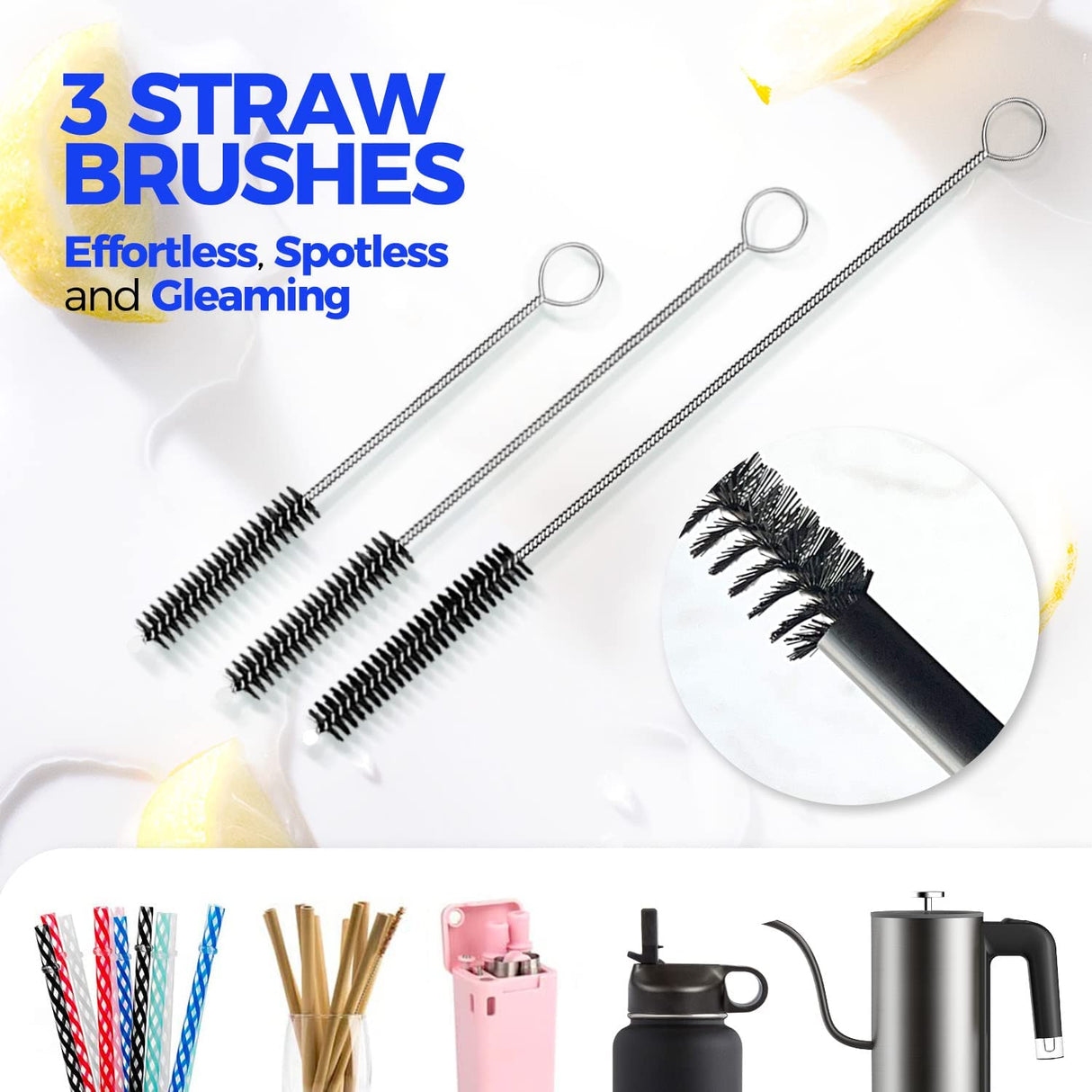 Holikme 6 Pack Bottle Brush Set, 14" Long Handle Stainless Steel Bottle Cleaner Brush, 3 Straw Brushes, 3-in-1 Bottle Cleaning Brush for Water Bottle, Baby Bottle, Straws Black Holikme