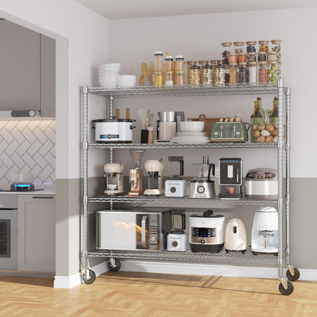 Himimi 72" H Storage Shelves 4 Tier Metal Shelving Adjustable Wire Shelf with Wheels, Heavy Duty Shelving for Garage Kitchen Pantry Bathroom Laundry,18" D*48" W*72" H, Silver Himimi