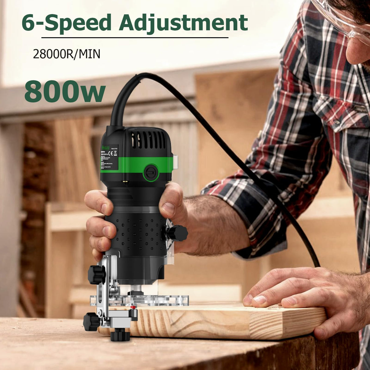 JiGiU Wood Trimmer, 1/4" 6.35mm Compact Router Tool Electric Wood Hand Trimmer Laminator 800W 28000R/Min Hand Held Woodwork Routers Router Joiners Tool with 6 Variable Speed for DIY Woodworking JiGiU