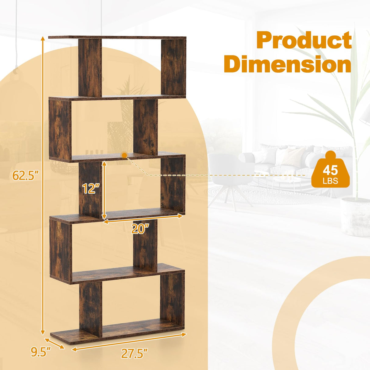 Tangkula 5-Tier S-Shaped Bookshelf - Rustic Brown Geometric Display & Room Divider Tangkula