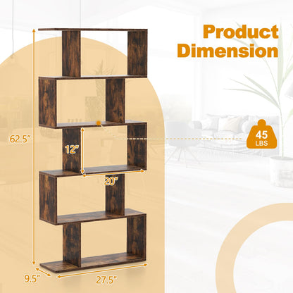 Tangkula 5-Tier S-Shaped Bookshelf - Rustic Brown Geometric Display & Room Divider - WoodArtSupply