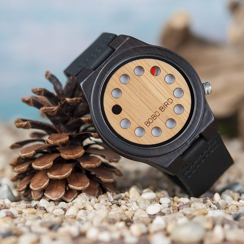 BOBO BIRD Men's Bamboo Wooden Watch with Black Cowhide Leather Strap 12 Holes Timer Design Sports Casual Watches BOBO BIRD