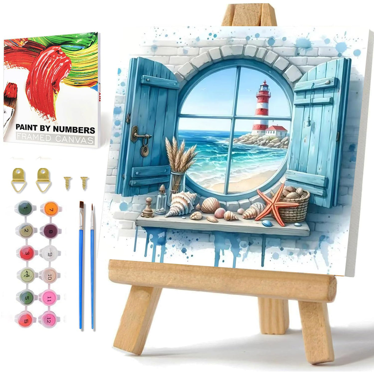 Beach Paint by Numbers Kit for Adults Beginner, Beach Paint by Numbers with Frame and Easel, DIY Crafts Painting by Number for Gift Home Wall Decor 9.84x9.84 inch hkejoi
