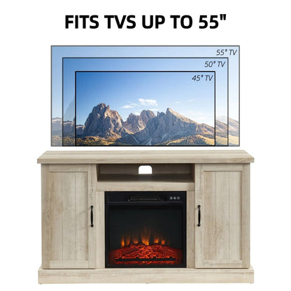 EDYO LIVING Rustic Farmhouse Electric Fireplace TV Stand for 55 Inch TV, Fireplace Entertainment Center with Remote Control and Open Storage Shelves for Living Room, White Oak