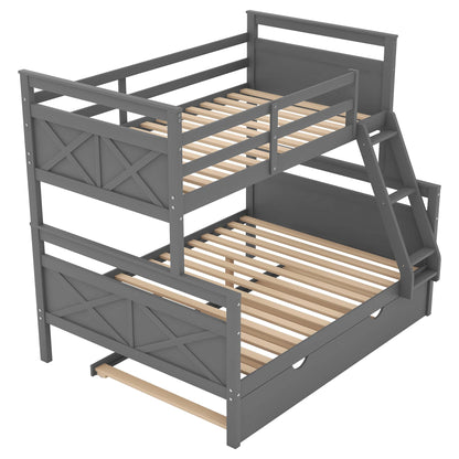 Acosure Twin Over Full Bunk Bed with Ladder and Twin Size Trundle,Bedroom Wood Bed Frame W/Safety Full-Length Guardrail,No Box Spring Required,for Kids Teens Girls Boys,Gray