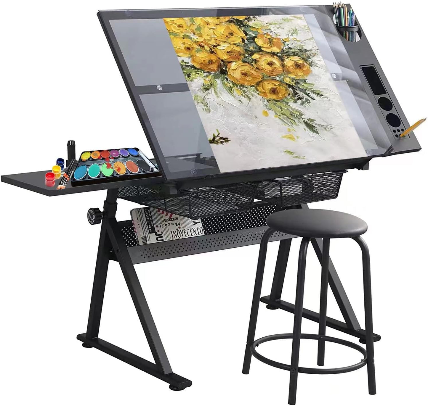 ZephyPaws Glass Drafting Table and Stool Sets, Adjustable Height Drawing Table Art Craft Artist Desk Tilting Glass Tabletop with 2 Storage Drawers for Home Office (Black)