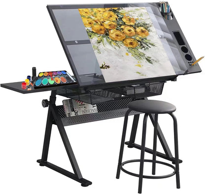 ZephyPaws Glass Drafting Table and Stool Sets, Adjustable Height Drawing Table Art Craft Artist Desk Tilting Glass Tabletop with 2 Storage Drawers for Home Office (Black)