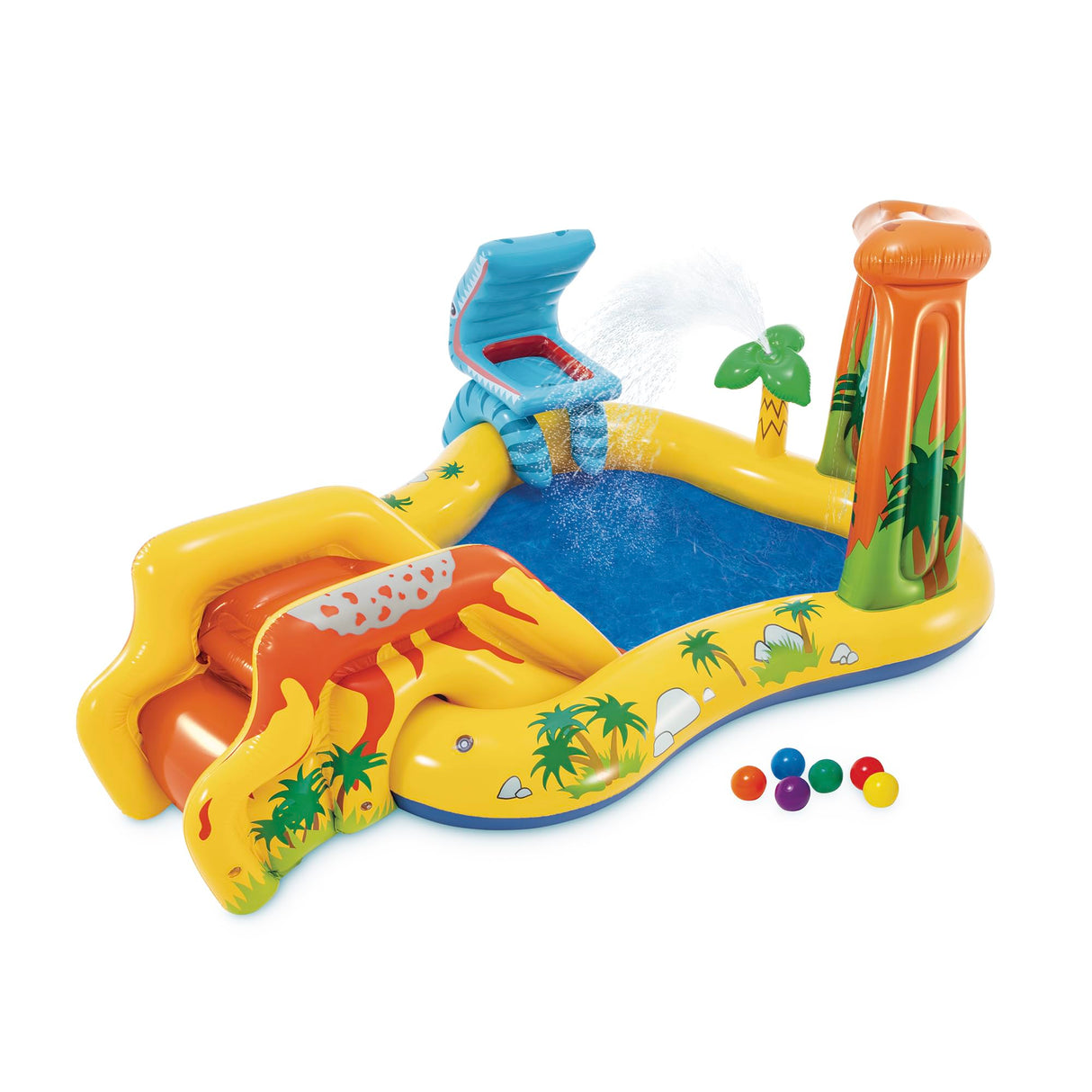 Intex Inflatable Dinosaur Play Center Outdoor Playhouse Inflatable Water Park with Kid Pool Slide, Water Sprayer, Waterfall, and 6 Balls, Multicolor Intex