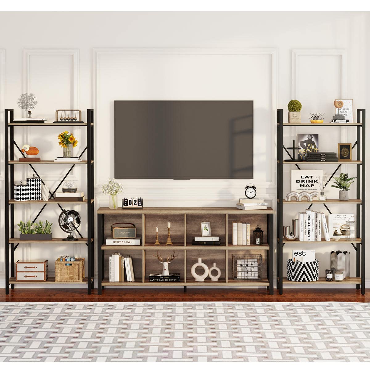 FATORRI 8 Cube Storage Organizer Bookshelf, Rustic Wood Cubby Bookcase, Industrial Horizontal Long Shelf for Living Room (Rustic Oak, 62 Inch) FATORRI