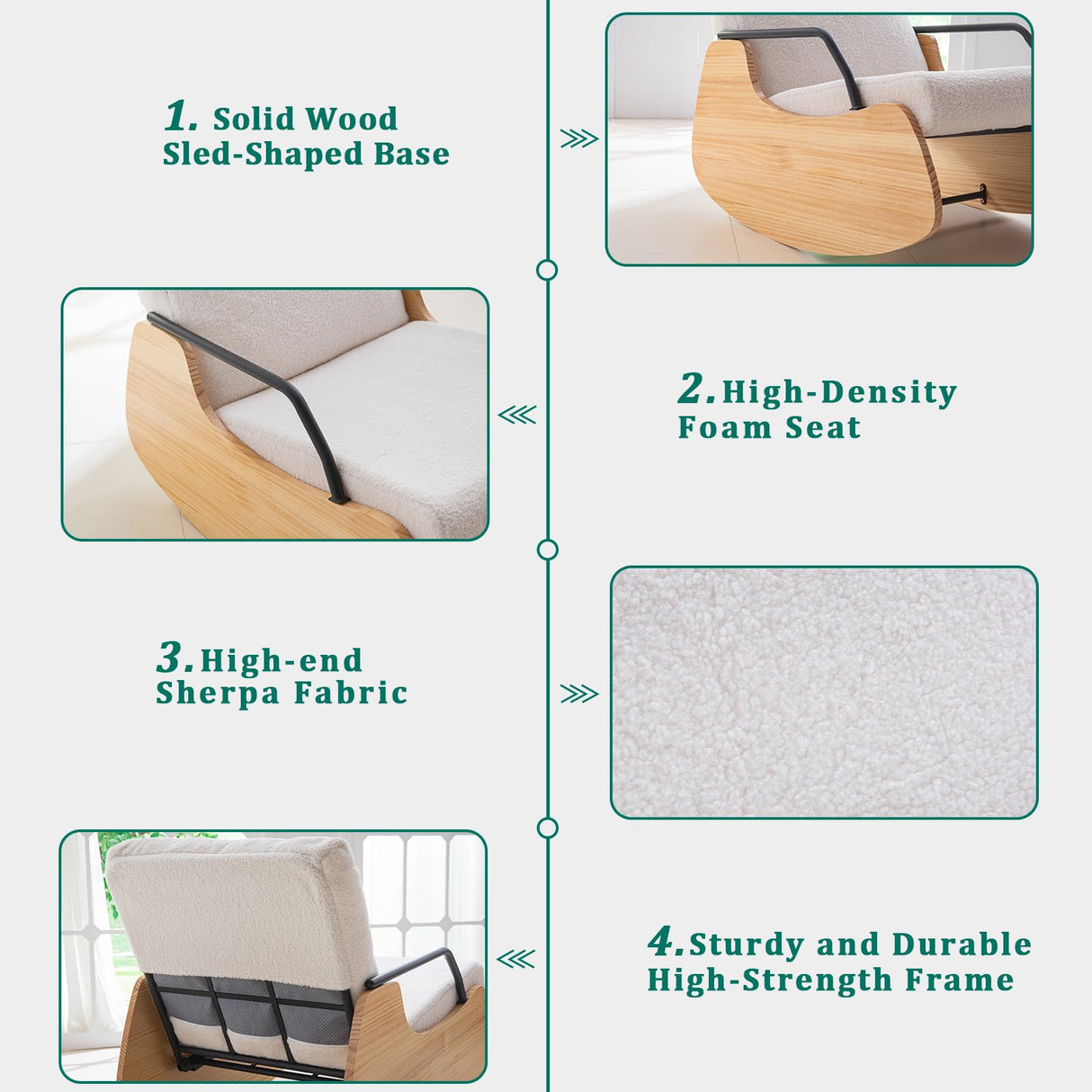 YOSHOOT Indoor & Outdoor Patio Rocking Chair, Outdoor Glider Recliner Chair, Wooden Boucle Rocking Chair, Outdoor Rocker Chair, Adjustable Backrest, for Outdoor Living Room Bedroom Office Garden YOSHOOT