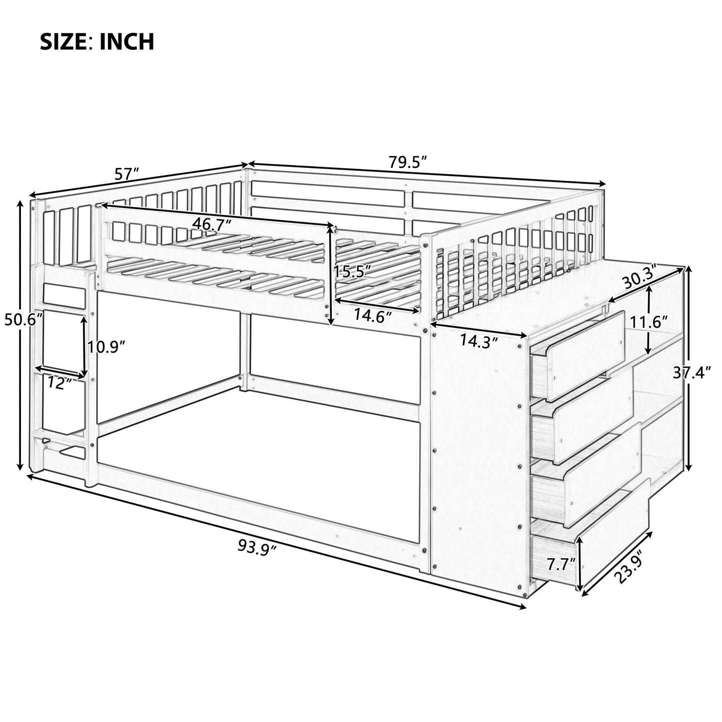 White Full Over Full Bunk Beds with Storage, Wooden Floor Bunk Beds with 4 Drawers & 3 Shelves, Low Bunk Bed Frame with Movable Cabinets, Full Loft Bed for Kids, Girls Boys, Teens, Adults