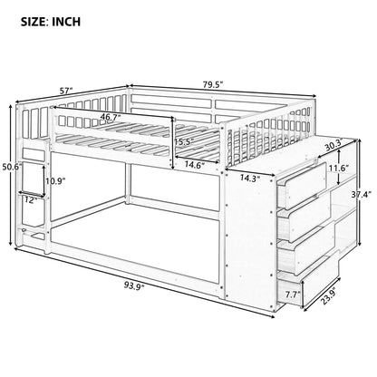 White Full Over Full Bunk Beds with Storage, Wooden Floor Bunk Beds with 4 Drawers & 3 Shelves, Low Bunk Bed Frame with Movable Cabinets, Full Loft Bed for Kids, Girls Boys, Teens, Adults