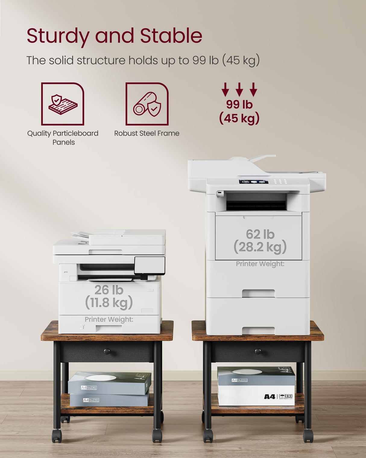VASAGLE Printer Stand, Under Desk Printer Stand with Wheels, Drawer with Divider, Bottom Shelf, Fits Inkjet, Laser, Photo, All-in-One Printers, Home Office, Rustic Brown and Ink Black UOPS004B01 VASAGLE