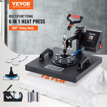 VEVOR Heat Press Machine - 6 in 1 Combo Heat Press Sublimation Machine for DIY T-Shirts/Hats/Mugs/Heat Transfer Projects, 15x15 Multifunction Swing Away Heat Press with 360° Rotation(Color May Vary)