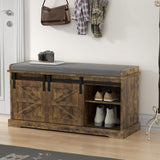 Loomie Shoe Storage Bench, 2-Tier Farmhouse Entryway Bench with Sliding Barn Door Storage Cabinets & Full Soft Removable Seat Cushion, Silm Shoe Rack with Shoe Cabinet for Entryway, Hallway, Bedroom Loomie