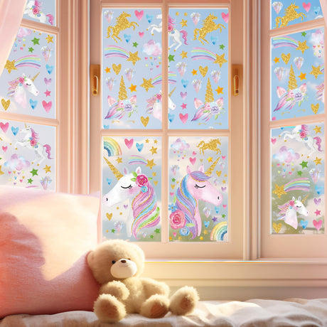 JarThenaAMCS Pink Watercolor Glitter Window Clings Double-Sided Cartoon Animal Rainbow Star Heart Diamond Window Decals Decor for Classroom Nursery Home, 15.7 x 11.8, 4 Sheet JarThenaAMCS