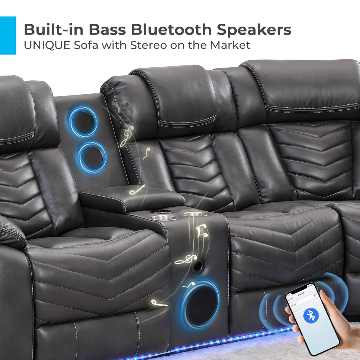 Comfort Stretch Power Recliner Sectional Sofa Couches with Bass Speakers for Living Room, Faux Leather Reclining Corner Sectionals Sofa Couch Sets with LED Light, Electric Theater Recliners Home,Grey Comfort Stretch