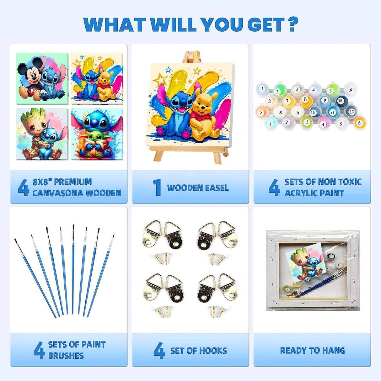 4 Ps Paint by Numbers for Kids with Framed Canvas,Cartoon Paint by Numbers for Kids Ages 8-12 with Wooden Easel,Easy Acrylic Painting Kits for Home Wall Decor 8X8 Inch Fuinkqe