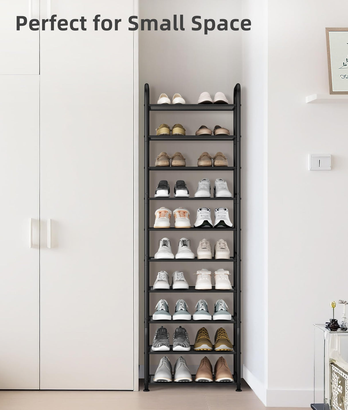 STORAGE MANIAC 10-Tier Tall Shoe Rack, 20 Pairs Narrow Slim Shoe Shelf, Metal Frame Shoes Stand for Small Space, Space-Saving Shoes Organizer, Vertical Shoes Tower for Garage, Entryway, Closet, Dorm STORAGE MANIAC