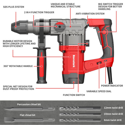 Rotary Hammer Drill, Revvstark 13 Amp 1-1/4 Inch SDS-Plus Heavy Duty Rotary Hammer Drill Powerful, Safety Clutch 4 Functions, Vibration Control Including Grease, Chisels, Drill Bits and Case - WoodArtSupply