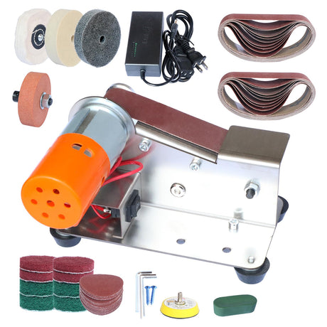 Hiqalty Mini Belt Sander - 15 Degree Knife Sharpener Electric Bench Grinder Sanding Machine, 7 Adjustable Speed Table Top Grinder Polisher for DIY Woodworking, Metal, Knife Making (Plus Kit) Hiqalty