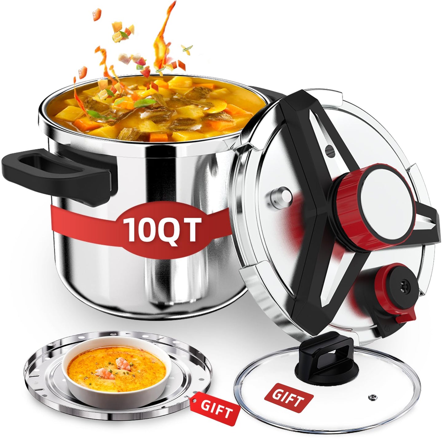 3-In-1 304 Stainless Steel Pressure Cooker 10 QT: [Explosion-Proof] [3 PSI Settings], One-Hand Locking, Induction Compatible, Glass Lid & Steamer Rack Included, Olla de Presion