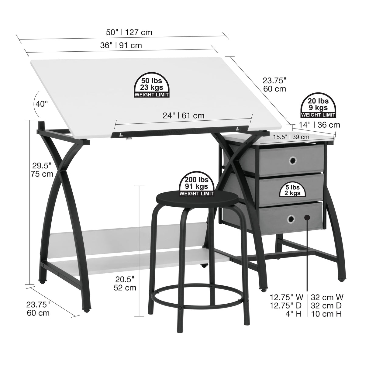 SD STUDIO DESIGNS 2 Piece Comet Center Plus, Craft Table and Matching Stool Set with Storage and Adjustable Top, Black/White, 50x23.75x29.5 inches SD STUDIO DESIGNS