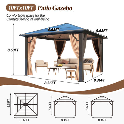 GARTOO 10' x 10' Polycarbonate Hardtop Gazebo - Sunroom Aluminum Frame Permanent Pavilion with Double Curtains for Garden, Lawn, Outdoor Party, Backyard Deck